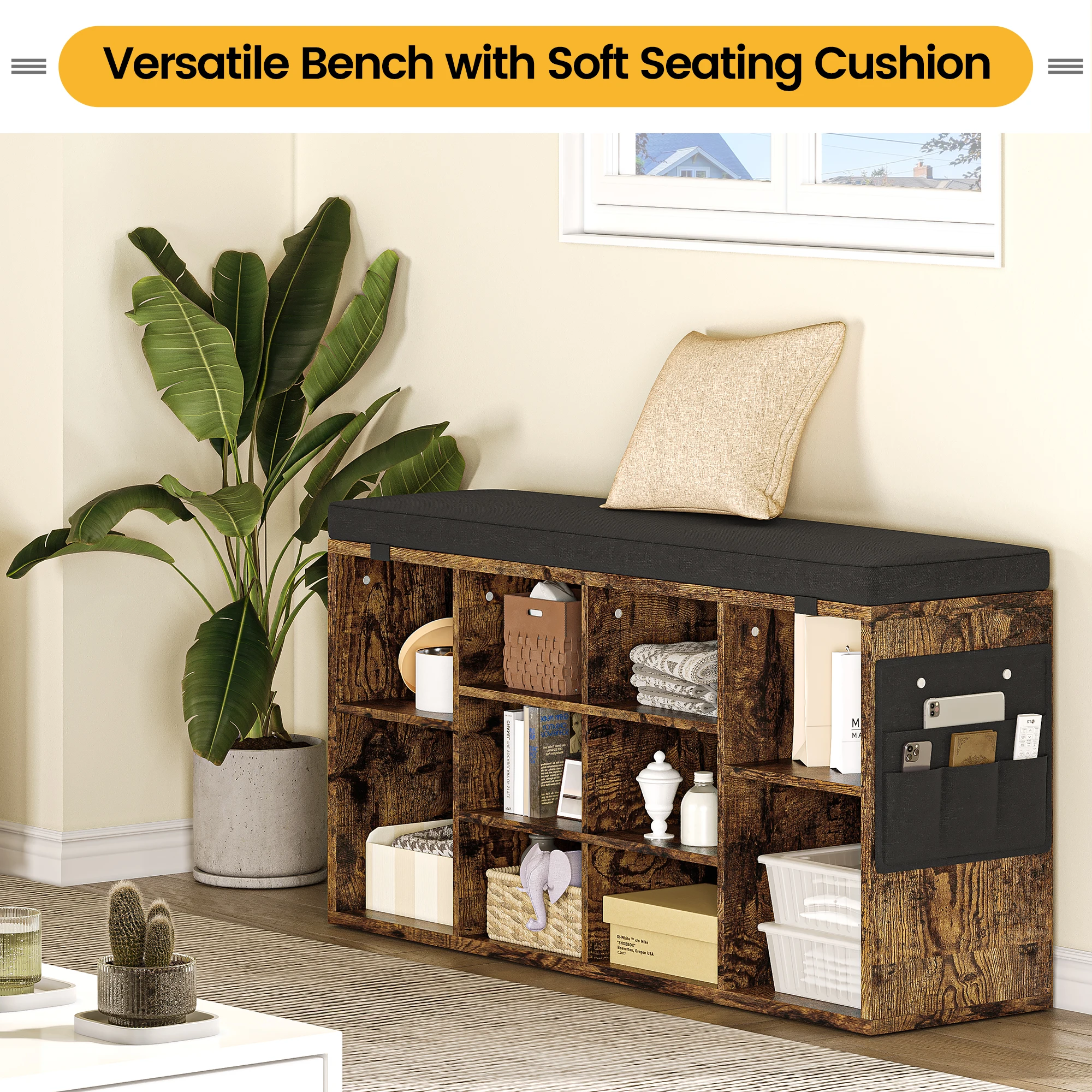 

40.9 Inch Shoe Storage Bench With Cushion, Cubby Seat Shoe Cabinet, Small Shoe Rack Bench With 3-Tier Adjustable Shelf For Entry