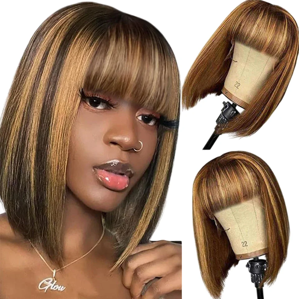 

Highlight Straight Bob Wigs With Bangs Density200 Straight Glueless Wigs Human Hair Ready To Wear Highlight Bob Wigs Human Hair