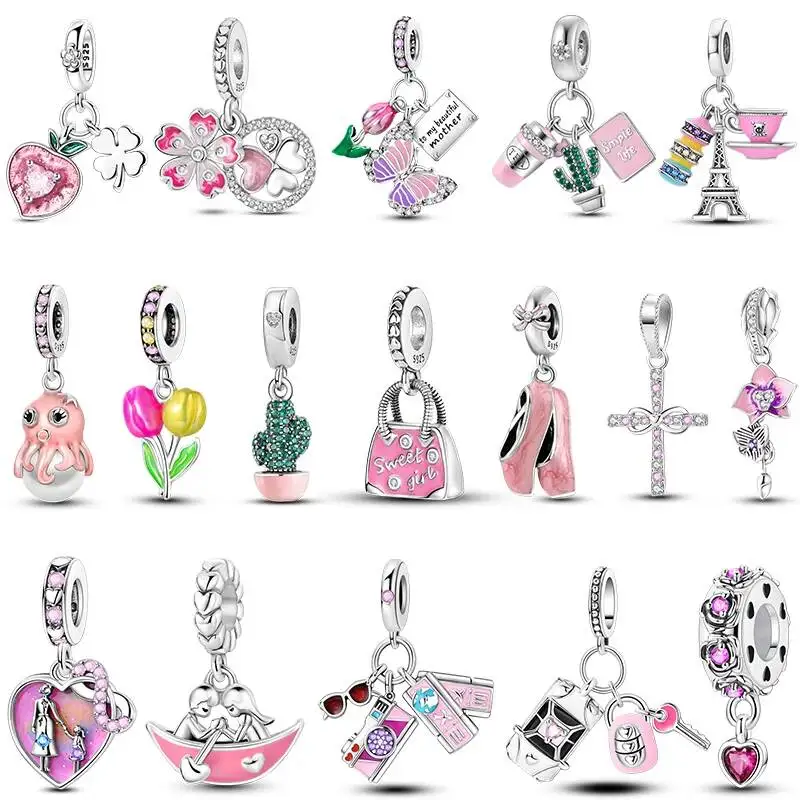 Hapilife Pink Color Series 925 Sterling Silver Charms Flower Heart Shape Ballet Girl Bow Fit Bracelet DIY Jewelry Original Women