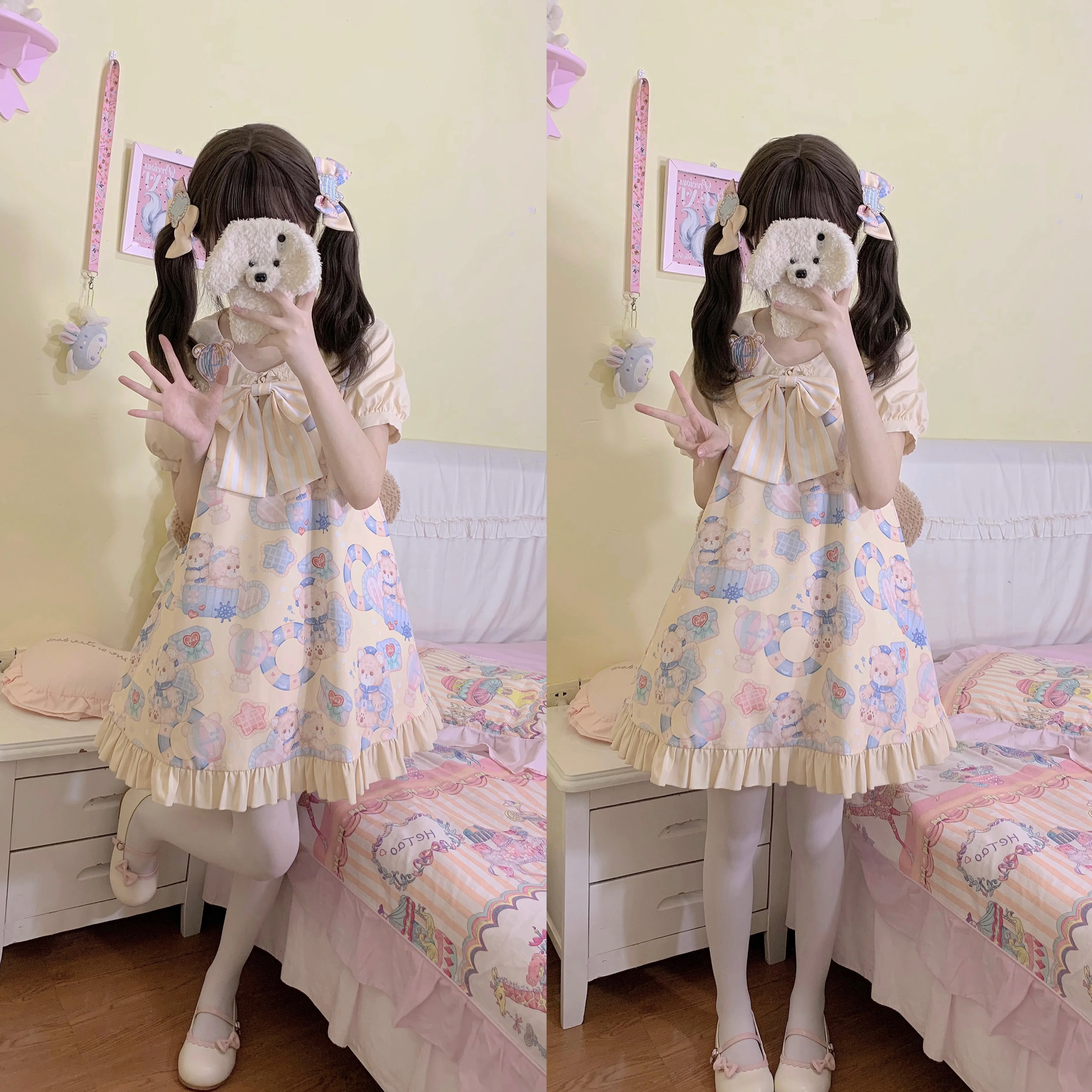 Original 2024 New Summer Student Cute Girls Cartoon Bear Print Sweet Lolita Dress Women's Fashion OP JSK Suspender Short Dress