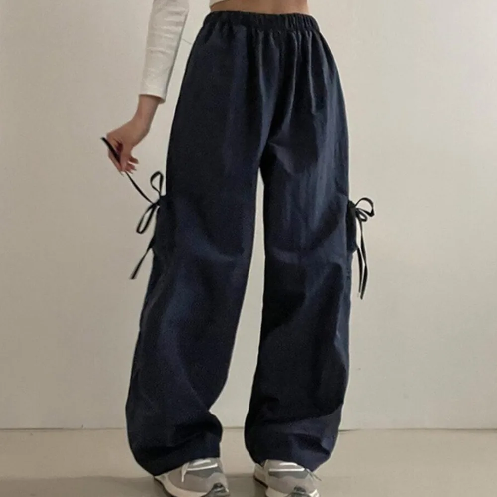 Chique outono vintage fino calças casuais femininas soltas calças de trabalho lado ket nó cintura alta perna reta