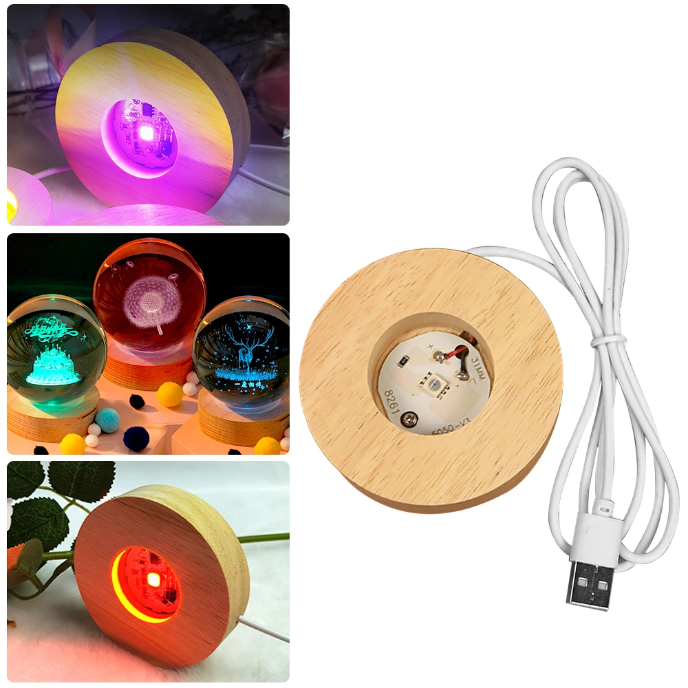 Podstawa do lampy LED 6LED lampa 3D okrągła drewniana podstawa świetlna lampka nocna Dispaly podstawa szkło kryształowe sztuka z żywicy Ornament