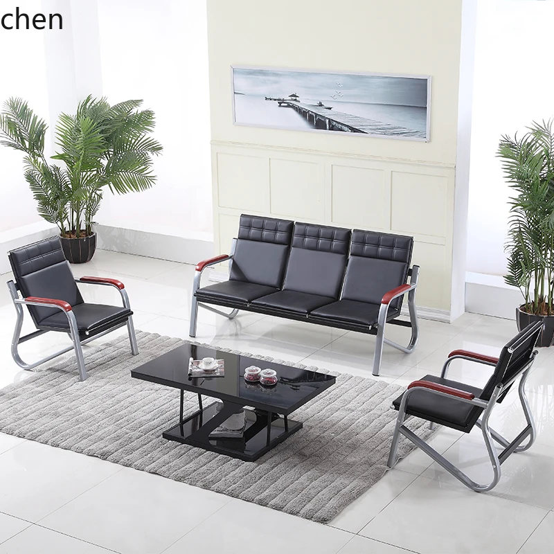 HT Simple Modern Iron Art Sofa Reception Office Three-Seater Sofa with Center Coffee Table Set