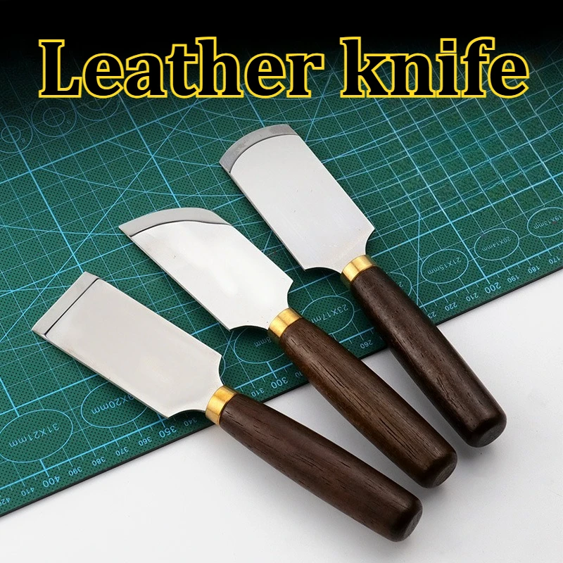 Leather Cutting Knife DIY Handmade Leather Goods Belts Wallets Polish Cutting Edges Wooden Handle Circle/Inclined Edge Knife