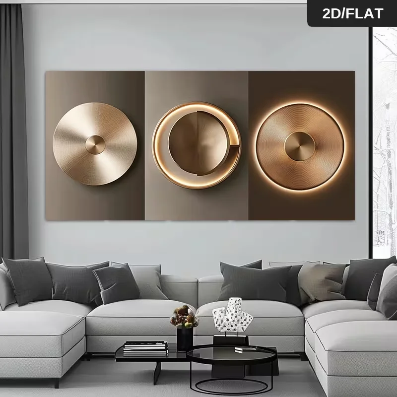 Modern Abstract Canvas Art Featuring a Frameless Circular Metallic Wall Light Design, Measuring 27.56 by 55.12 Inches (70 by 140