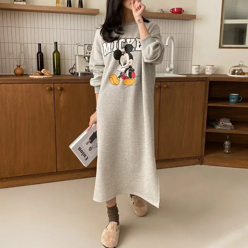 Disney Mickey Mouse Spring Autumn Sweatshirt Long-Sleeved Dress Woman Clothing Hooded Collar Pocket Casual Lady Dress Sweatshirt