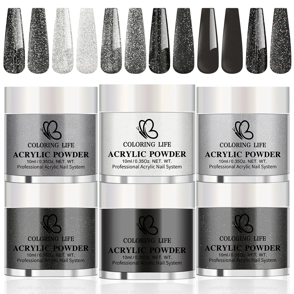 6개의 아크릴 파우더(화이트, 블랙, 실버, 그레이, 스파클) 올 시즌 디핑 파우더 스타터 키트 프렌치 네일 조각 매니큐어 살롱