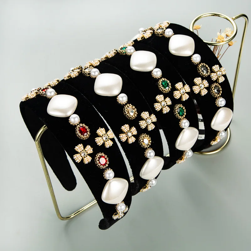 

Персонализированная повязка на голову Heming в ретро-стиле из фланели с широким краем, имитацией жемчуга, в стиле барокко, с декоративными стразами, аксессуар для волос.