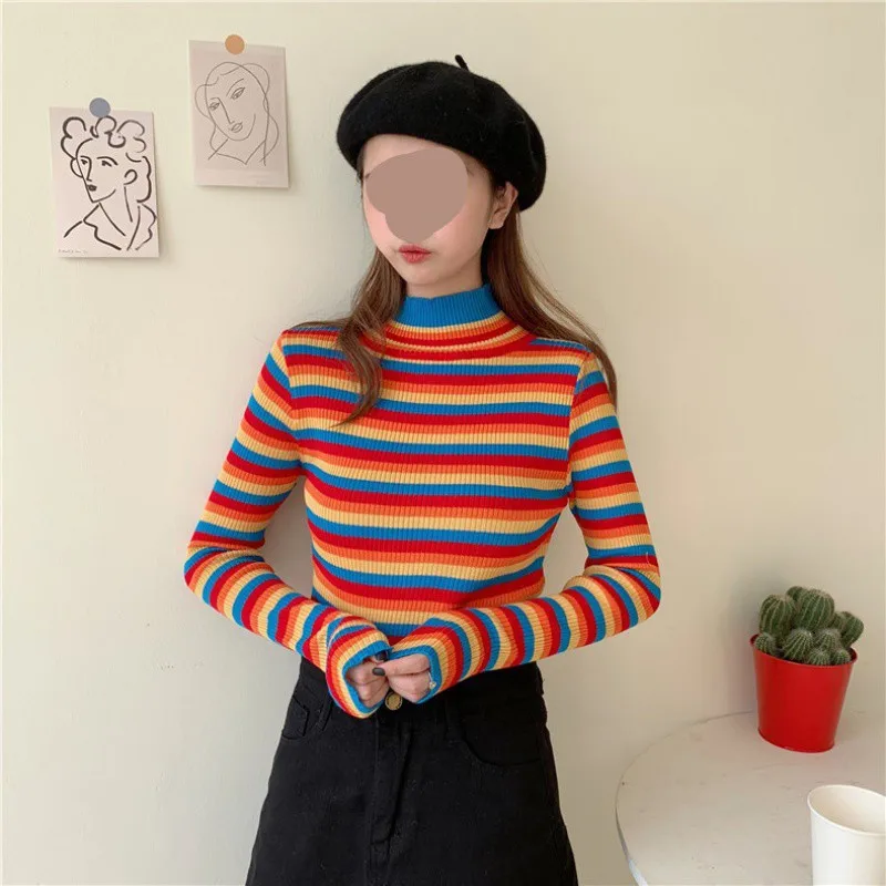 Y2k Clothes Turtleneck Pullover Women Sweater Rainbow Stripe Autumn Knitted Top Slim Long Sleeves Women Clothing Korean Fashion