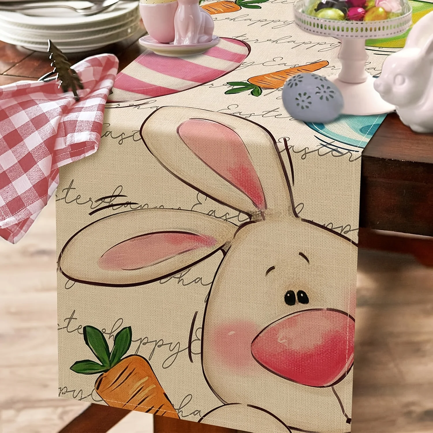 1 Piece Happy Easter Bunny Tablecloth - Cute Bunny, Egg, and Carrot Design, Suitable for Family Gatherings, Children's Activities, Home Decoration, Cozy Tea Parties
