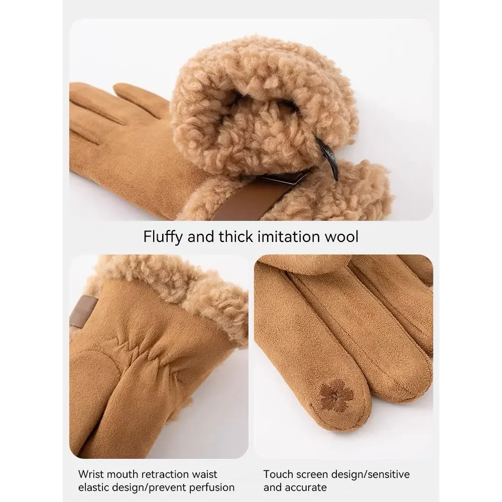 แฟชั่นหนังนิ่มผู้หญิงขนแกะถุงมือป้องกันความเย็นหน้าจอสัมผัสขี่จักรยานMittens Windproofหนาถุงมือสกีกลางแจ้ง