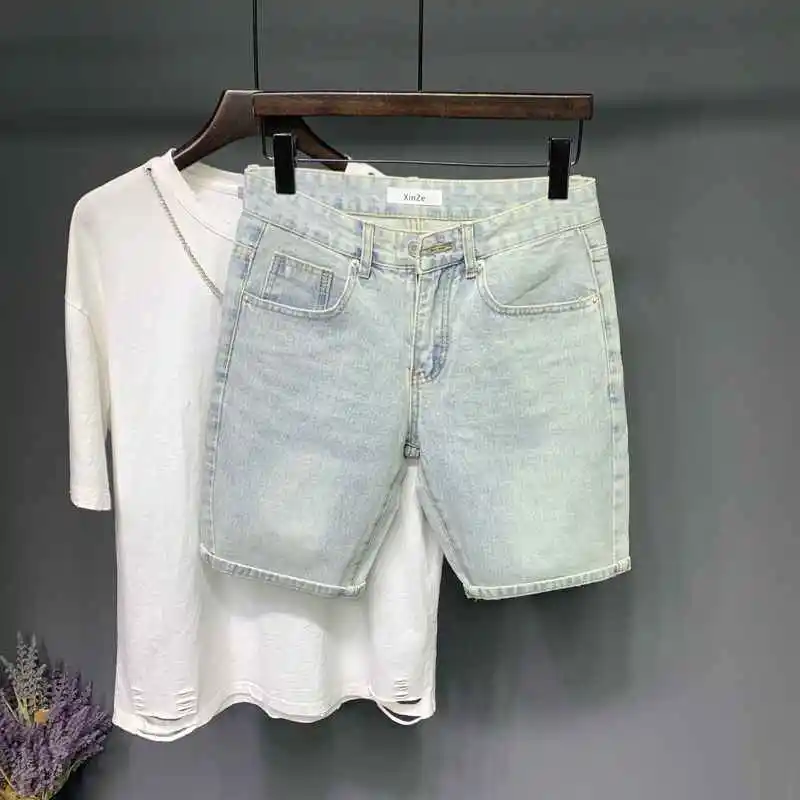 

Washed Light-colored Denim Shorts Men's Trendy Brand Summer New Bermuda Retro Slim-fit Trend Versatile Fashion Half Pants Man