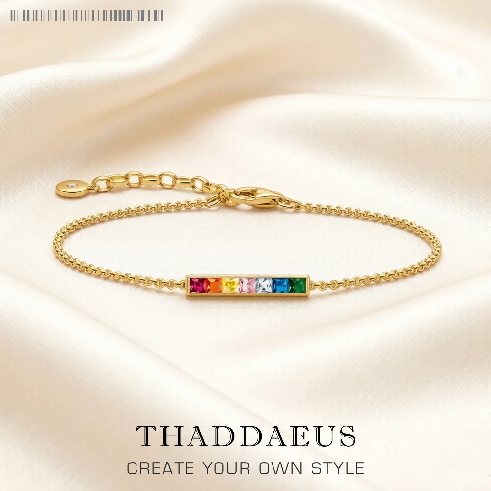 Gold Plated Bracelet Link Chain Colourful Stones 925 Sterling Silver Vintage Jewelry Europe Women Gift