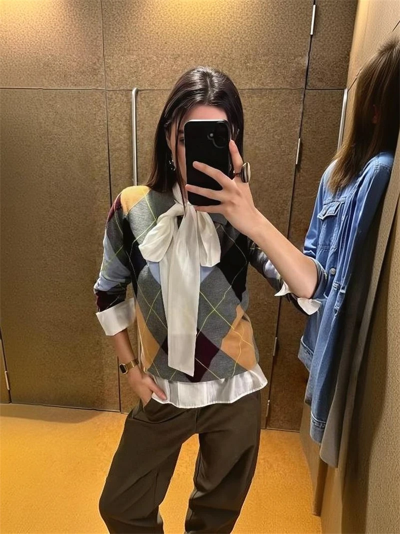 Guobioziy Women's Slim-Fit Long-Sleeve Diamond Pattern Polo Shirt 2026 Spring-Autumn New Euro-American Casual Fashion Streetwear