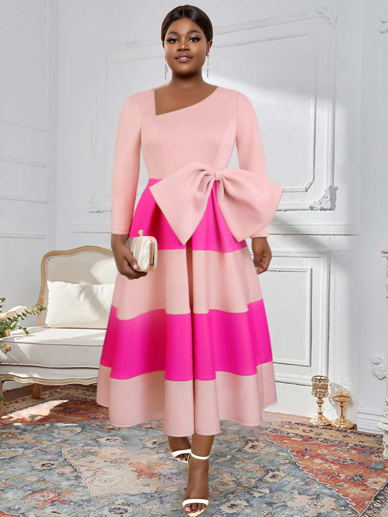 Women Pink Dress 2 Tone A Line Patchwork Pleated Long Sleeves Asymmetrical Collar Plus Size African Female Occasion Gowns New