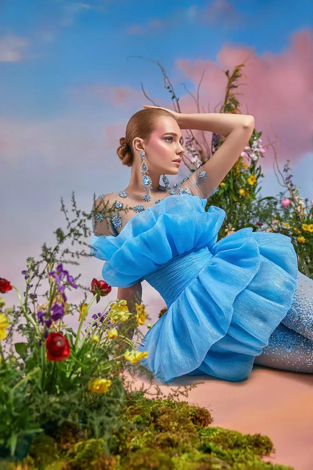 السماء الزرقاء الخيال خارج الكتف كريستال مزين توتو فستان بقماش شفاف صد تكدرت الأورجانزا بيبلوم المتدرج ماكسي التنانير