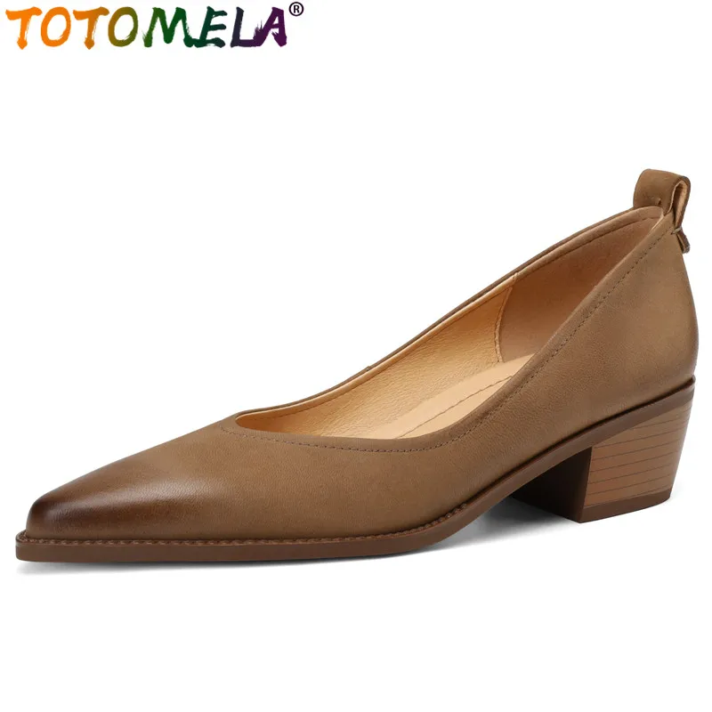 

TOTOMELA Size 33-40 New Pointed Toe Sheepskin Leather Women Shoes Slip On Square Med Heels Pumps Retro Office Ladies Dress Shoes