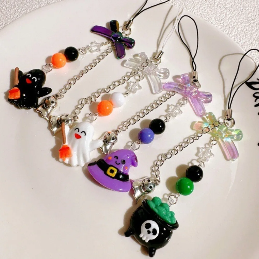 Halloween Bowknot Ghost Pendant Pearl Beads Phone Anti-lost Lanyard Girls Phone Short Strap Cute Hanging Rope Charms Straps