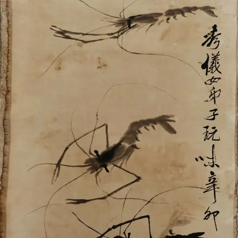 Qi Baishi's Shrimp Painting on Rice Paper Chinese Old Scroll Artwork Slice for Collectors And Decor