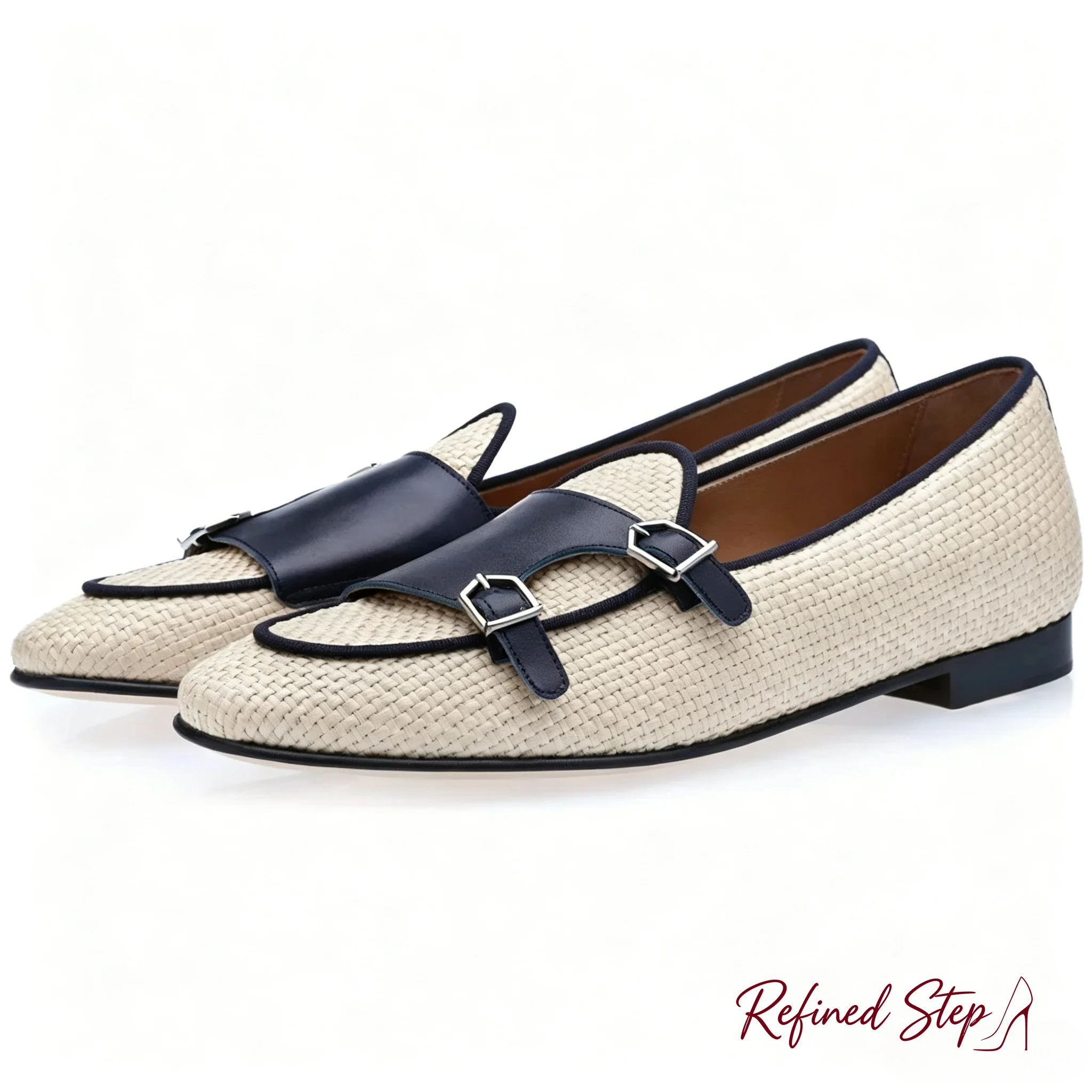 Mocasines Blancos de Rafia con Parches Azules para Hombre, Zapatos Planos de Paja Tejida sin Cordones, Casuales, de Negocios, Diarios, Elegantes