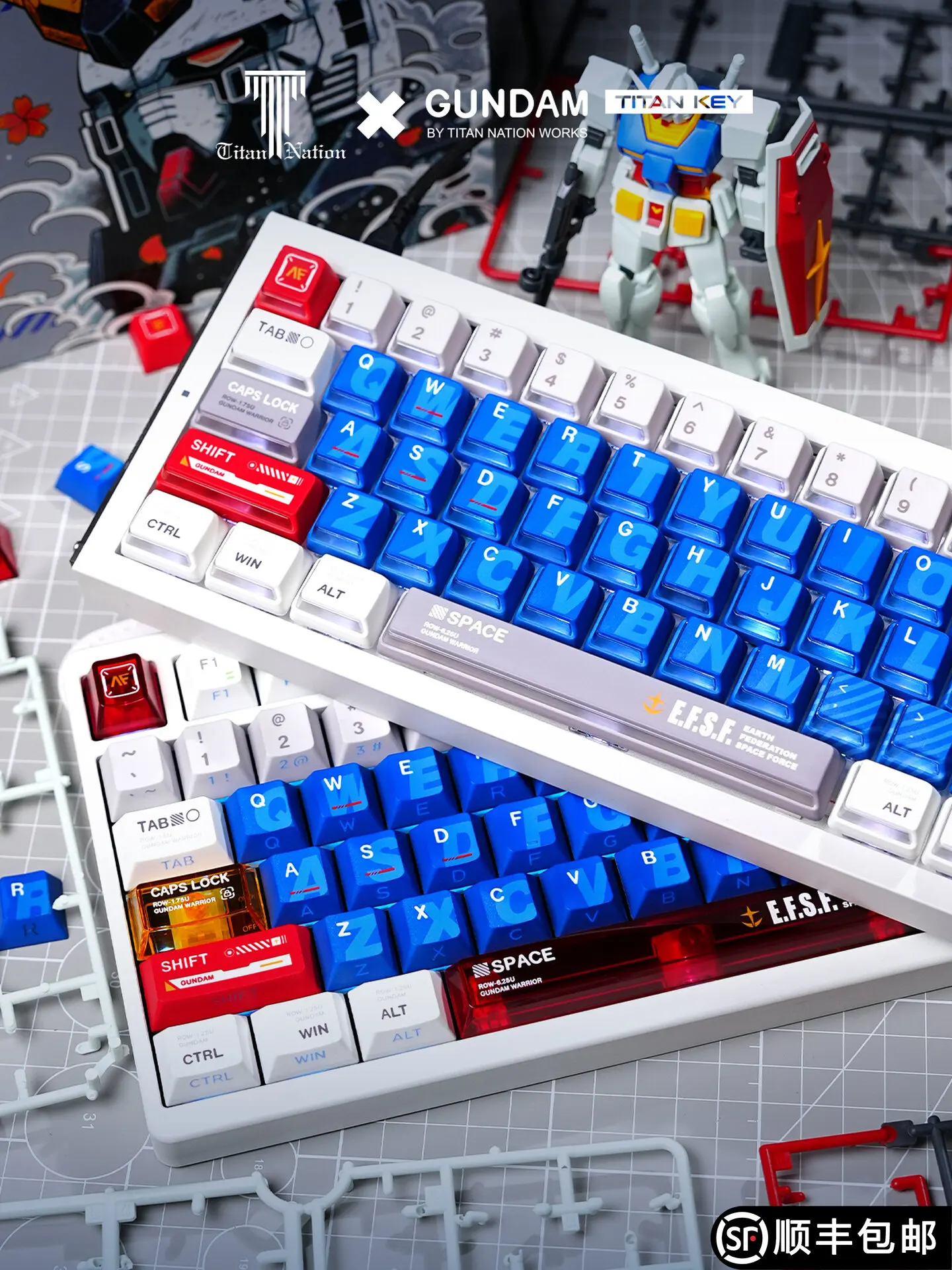 Custom Titan Nation V2 White-Blue Dye-Sub Keycap Set, Nuke-Height Original Profile Side-Translucent, for Mag-Axis EV63