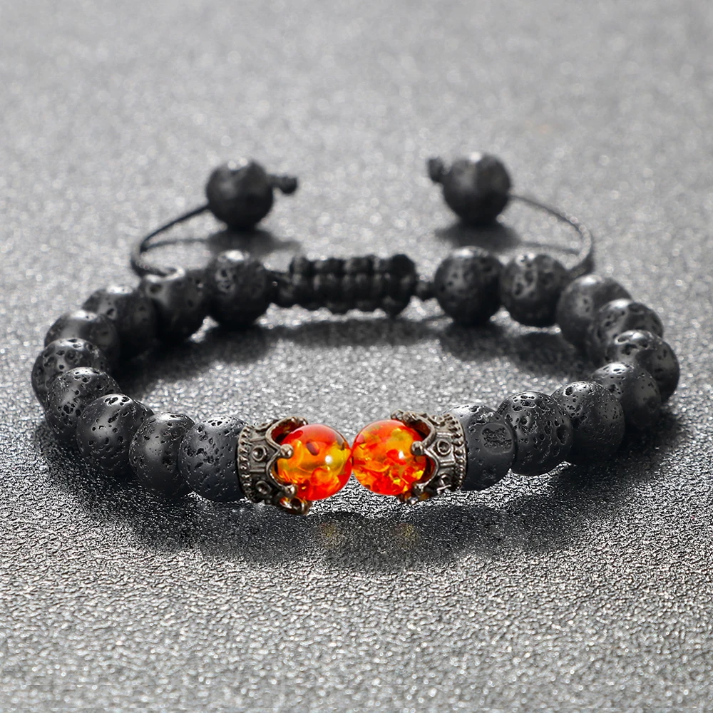 Black Volcanic Crown Bracelet Charm Tiger Eye Beads Lava Rock Bracelet For Men Women Braided Bracelets Handmade Jewelry Pulseira