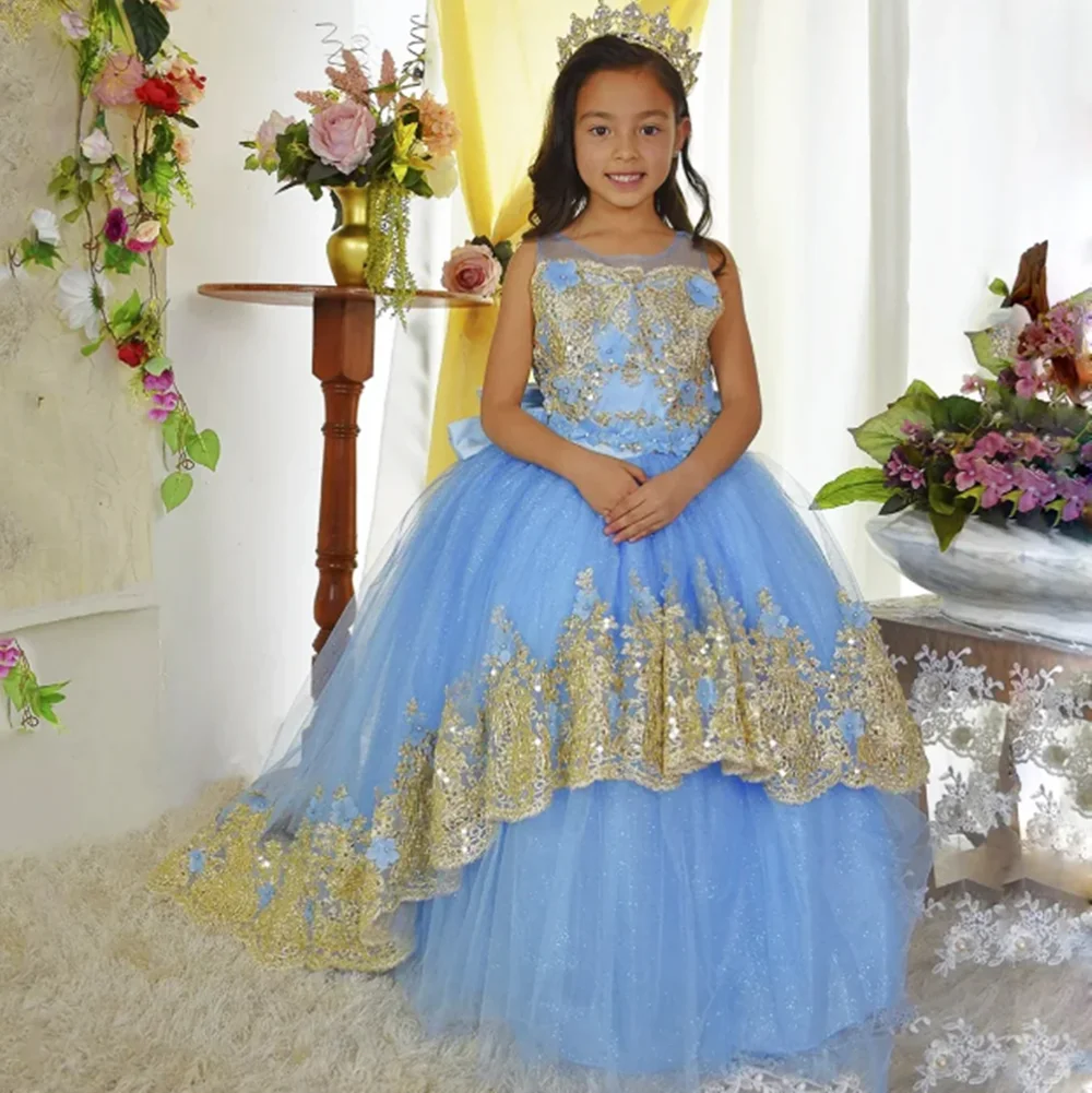 

Customized Sky Blue Flower Girl Dresses For Wedding Glitter Tulle Gold Appliques Classic Princess Birthday Party Pageant Gown