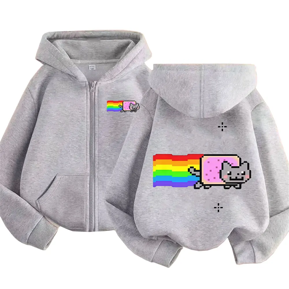 Game Rainbow Nyan Cat Funny Meme Zipper Hoodie Herren Damen Casual Humor Zip Up Jacke Fleece Baumwolle Übergroßes Zip Up Sweatshirt – Detail 6