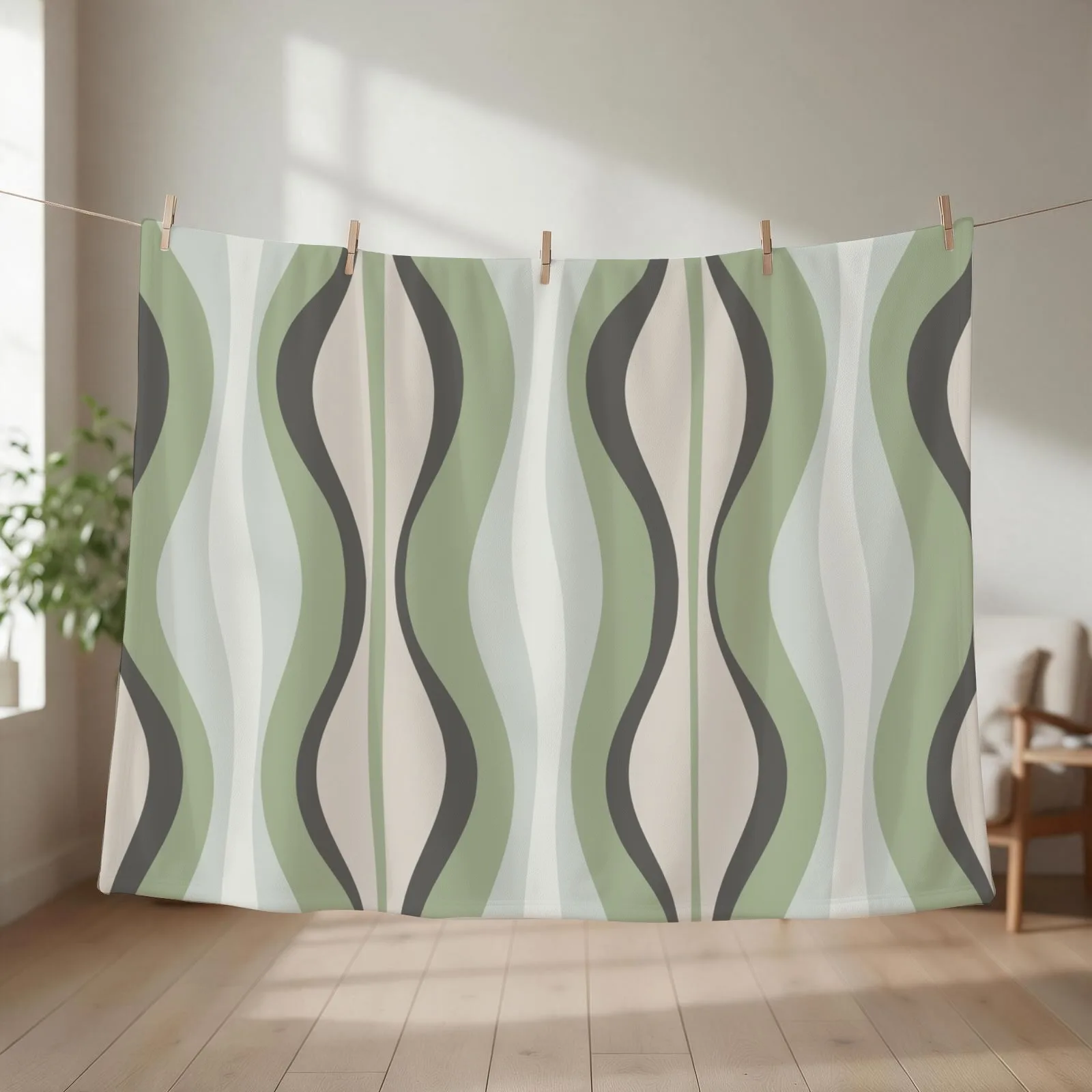 Midcentury Modern Hourglass Abstract Pattern in Sage Green, Grey, and Beige Throw Blanket