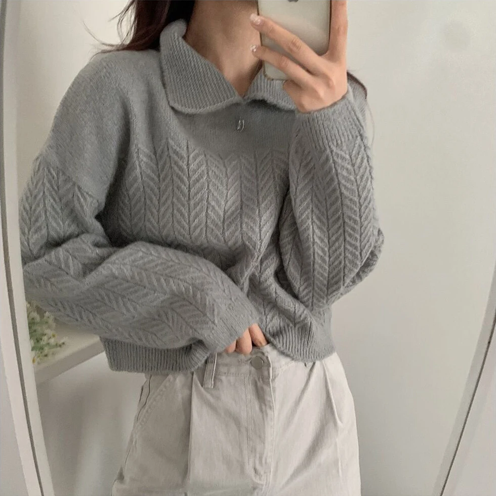 REALEFT Jesienno-zimowe grube swetry damskie z zamkiem błyskawicznym i wykładanym kołnierzem, nowość 2025, dzianinowe luźne pulowery z długim rękawem, damskie