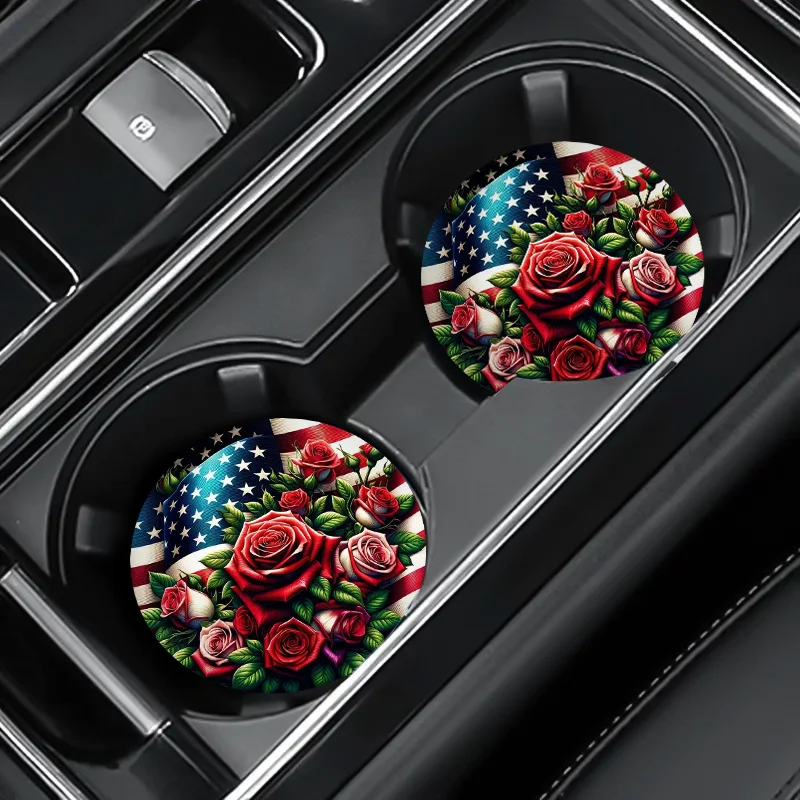 2pcs/set Vintage American Flag & Flowers Car Coaster, 2.75