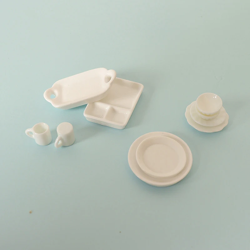 Mini tazas en miniatura para casa de muñecas, juego de 10 piezas, plato, bandeja, vajilla blanca, modelo de cocina, decoración, juguete, accesorios para casa de muñecas, 1:12