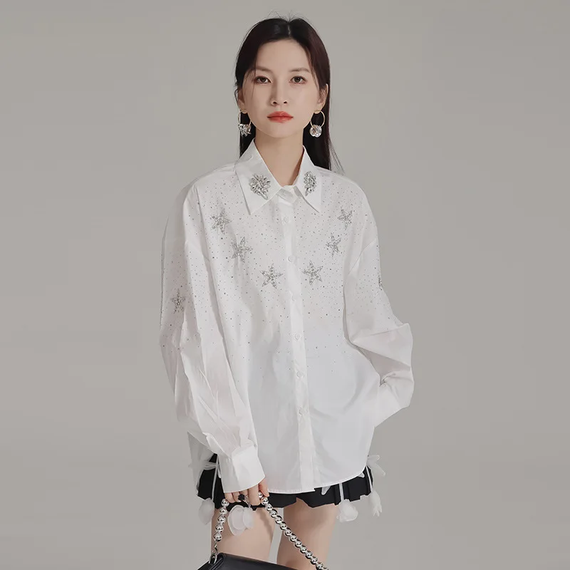 

2024 New Loose Style Unique Women's Long Sleeved Shirt Designing with Heavy Industry Star Hot Diamond