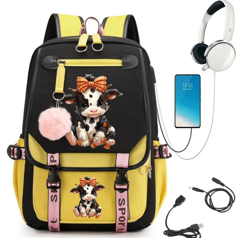 Cowboy Cow School Backpack para Meninas, bonito Bookbag para Mulheres, Estudante, Adolescentes, Bagpack para Laptop, USB, Harajuku