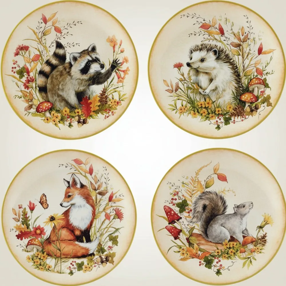

Набор 9 дюймов керамических тарелок с животными из 4 предметов: лиса, енот, белка, еж, осенняя посуда Cottagecore