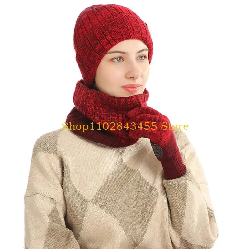 49MC Men Women Winter 3 Pieces Knitted Beanie Hat Scarf Non-Slip for Touch Screen Gloves Set Thicken Thermal Plush Lined Skull