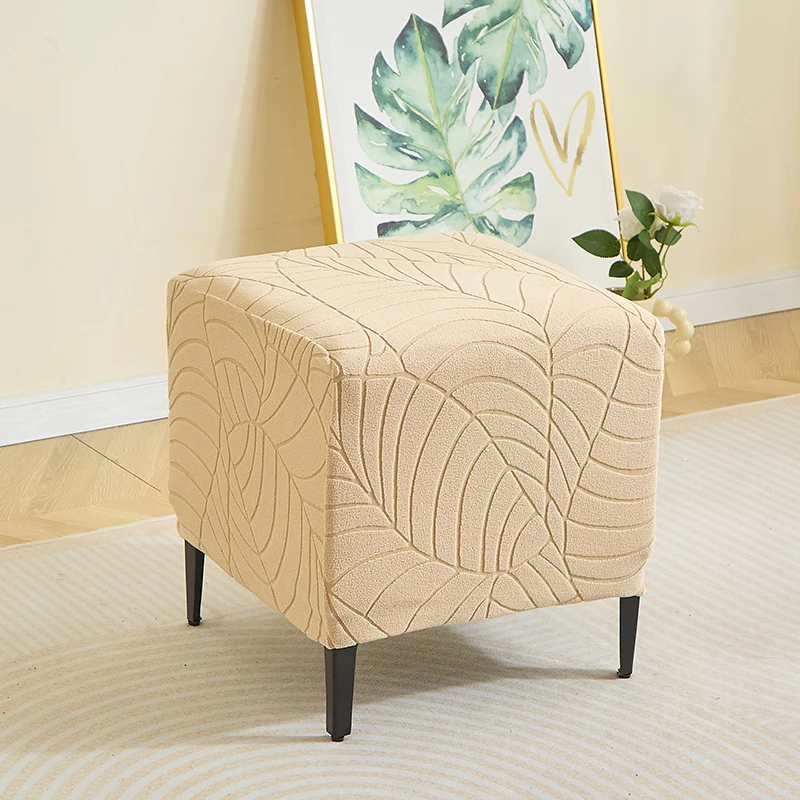 1PC Leaf Jacquard Ottoman Cover Elastic Square Footrest Cover Solid Color Dustproof Footstool Slipcover for Bedroom Party Hotel