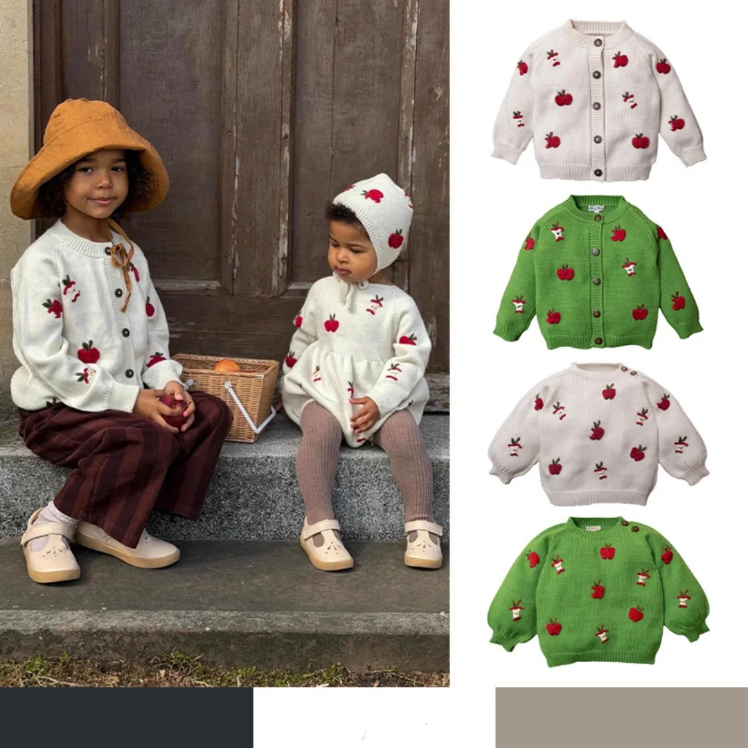 Kids Clothes Girls Wool Cardigan 2026 Autumn Winter Apple Embroidery Christmas Warm Knit Sweater Children Festive Outfit
