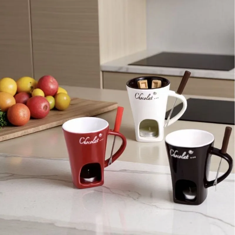 Chocolate Container Melted Cheese Candy Butter Fondue Mug with Fork Ceramic Butter Separate Fondue Mug