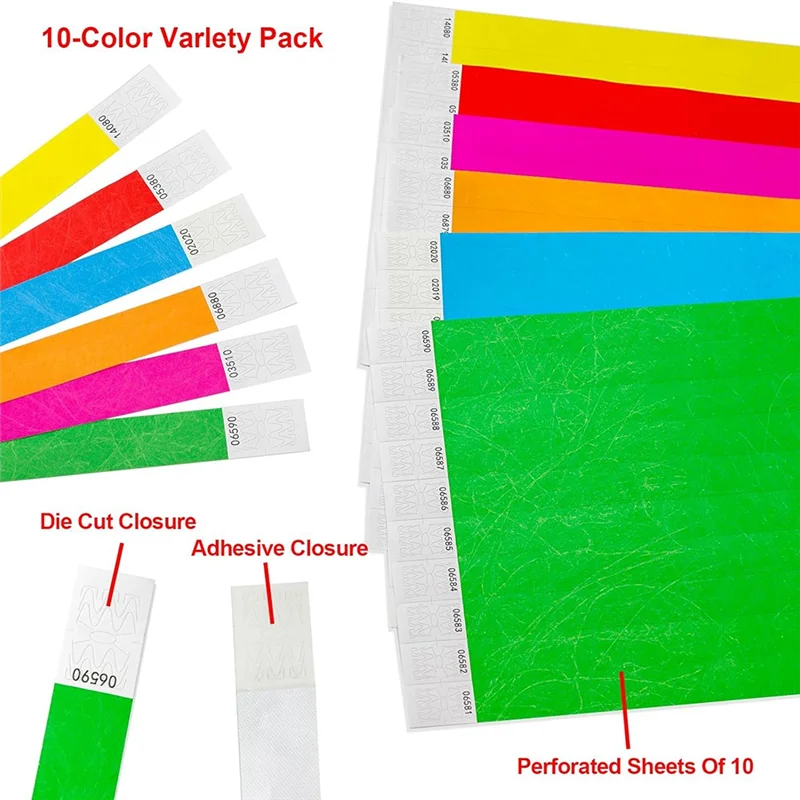 

B50B-5 Цветные браслеты Tyvek для мероприятий - 500 шт., устойчивые к разрыву водонепроницаемые идентификационные браслеты, простая установка B