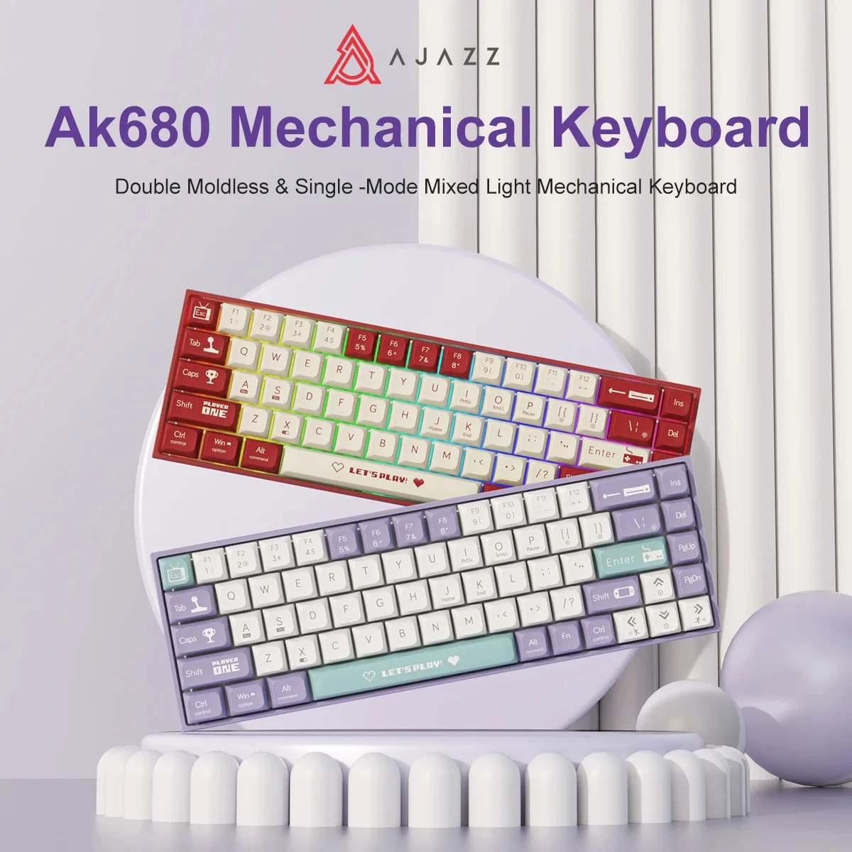 Ajazz-Teclado Mecânico de Modo Duplo, Mini, Hot Swappable, Ergonômico, Jogos Esports, Escritório, Tipo, Periféricos de Computador, 68 Chaves, Ak680