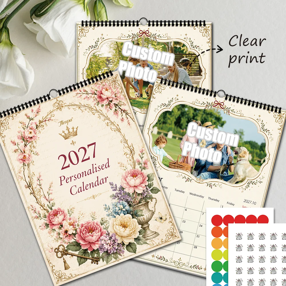 1pc, Custom 2027 Photo Wall Calendar, Rococo Crown Urn Art Cover, Monthly Hanging Calendar with 2 Stickers, Christmas New Year