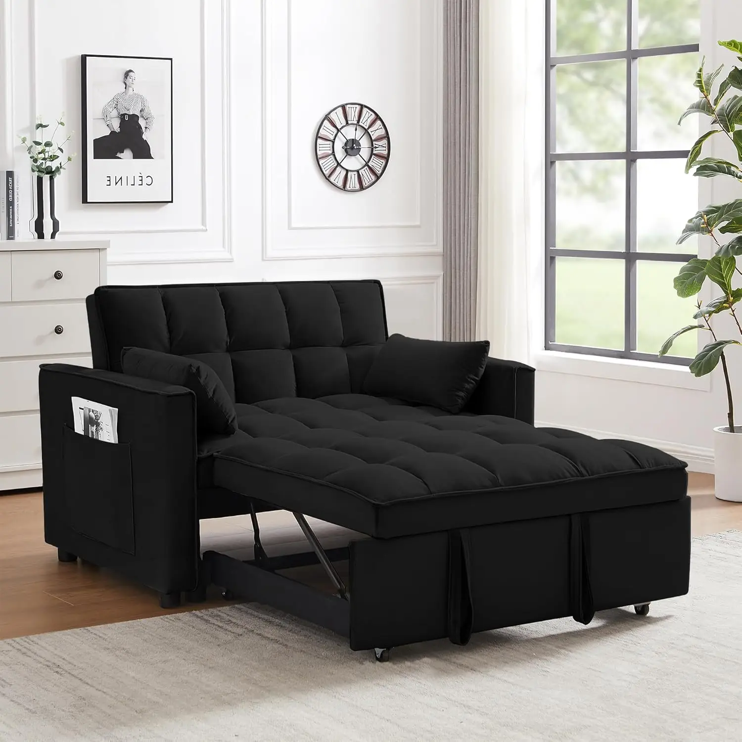 Sofá-cama, cama removível 3 em 1 conversível de 55 polegadas com bolsos laterais Sofá-cama de tecido de veludo com B ajustável