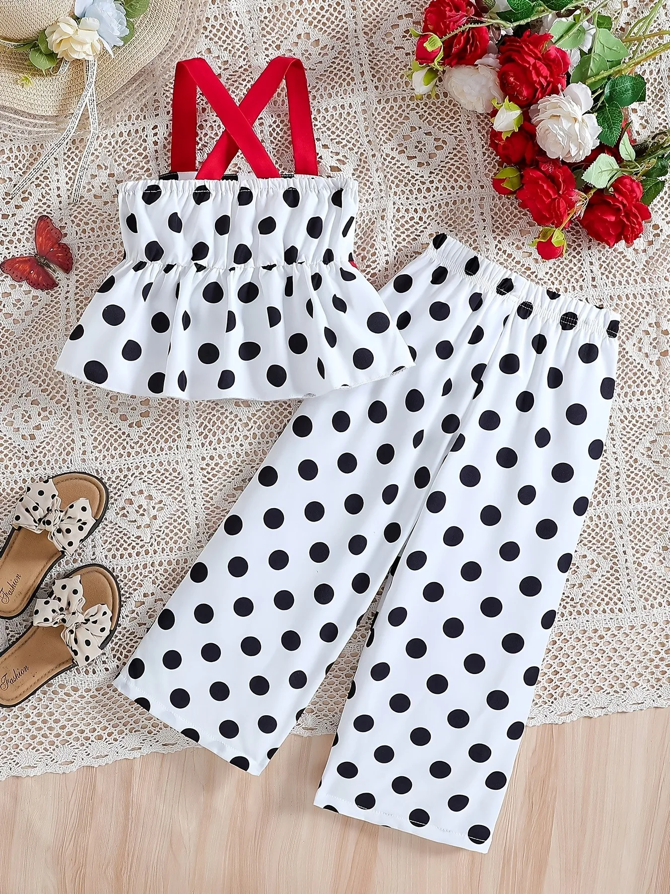 Trendy Girls 2Pcs Black White Polka Dot Co-Ord, Red Bow Decor Cross Back Sling Top & Wide Leg Trousers for Holiday & Daily Wear