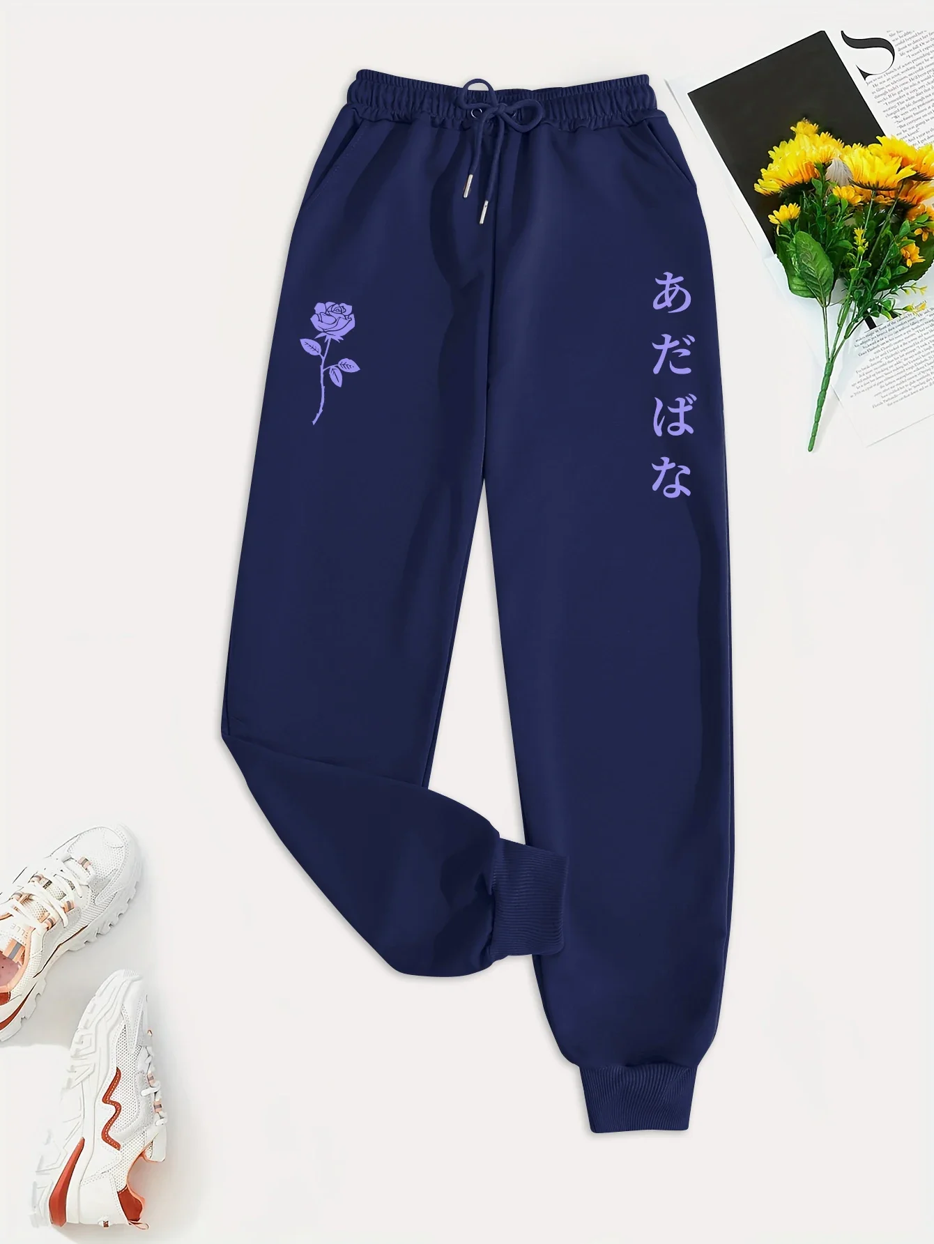 

Purple Flower Letter Print Casual Versatile Women Pant Fashion Trendy Hip Hop Trousers With Drawstring Pockets Sweatpants Female