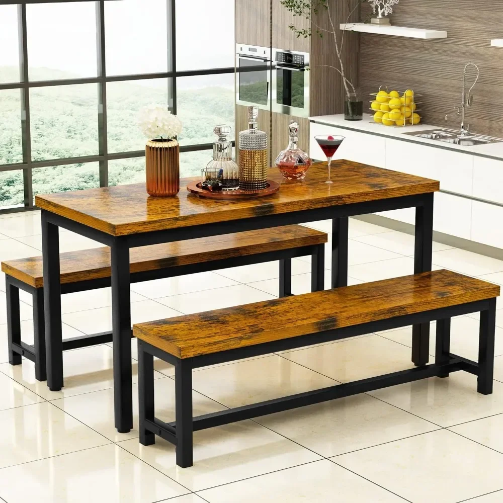 Juego de mesa de comedor para restaurante, conjunto de cocina con 2 bancos, 43,3x23,6x28,5 pulgadas, 38,5x11,8x17,5, color marrón industrial