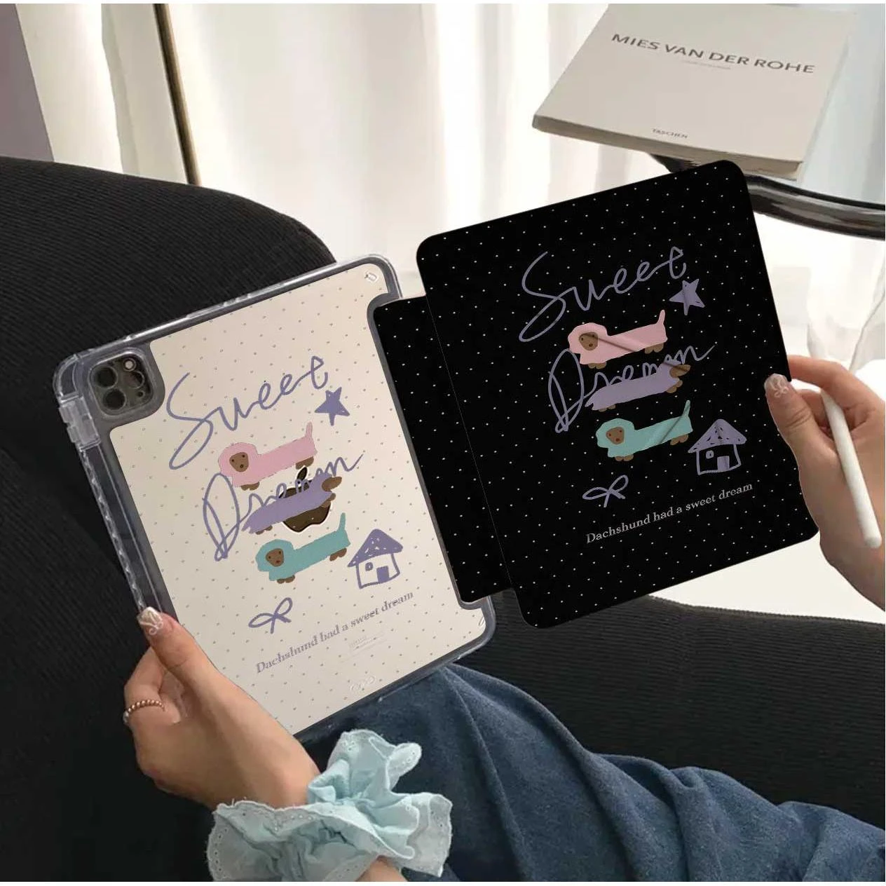 Black Polka Dot Sausage Dog Tablet Case For iPad Pro 11 12.9 13 A16 M2 M4 M3 M5 Shell 5/6/7/8/9/10/11th Mini Air 3 4 5 6 7 Cover