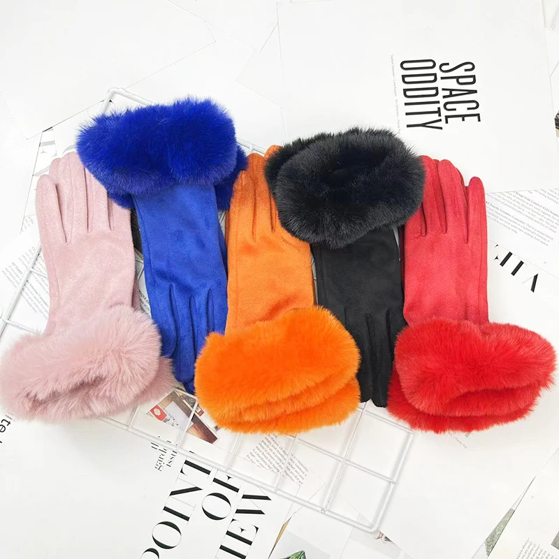 Winter Women Keep Warm Plus Velvet Touch Screen Thicken Plush Wrist Suede Gloves Solid Simple Elegant Soft Drive Cycling