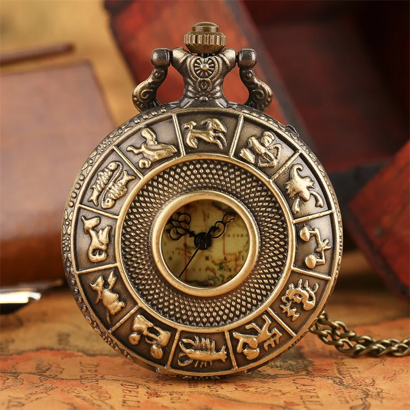 Retro 12 Zodiac Constellations Pocket Watch Bronze World Map Dial Quartz Analog Watches with Necklace Chain Collectible Clock