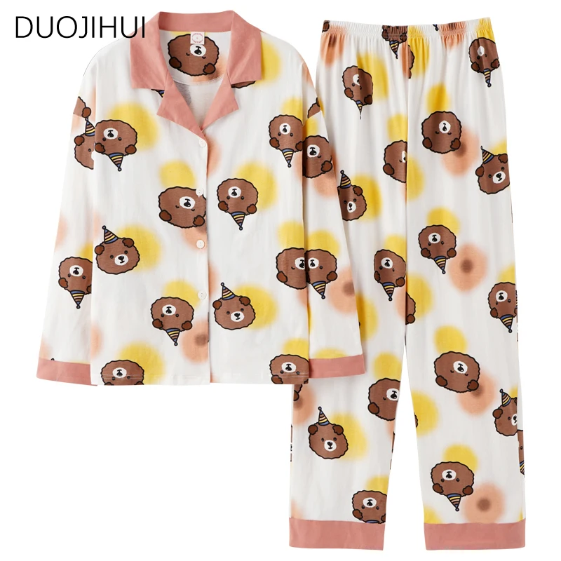 DUOJIHUI-ropa de dormir de dos piezas para mujer, cárdigan de cuello a la moda, pantalón sencillo y holgado, pijama informal para el hogar, novedad de otoño